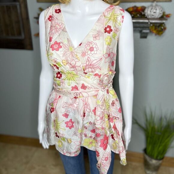 Vintage Faux Wrap Floral Print V-Neck 100%Silk Peplum Hem Top Size Small - Picture 9 of 14